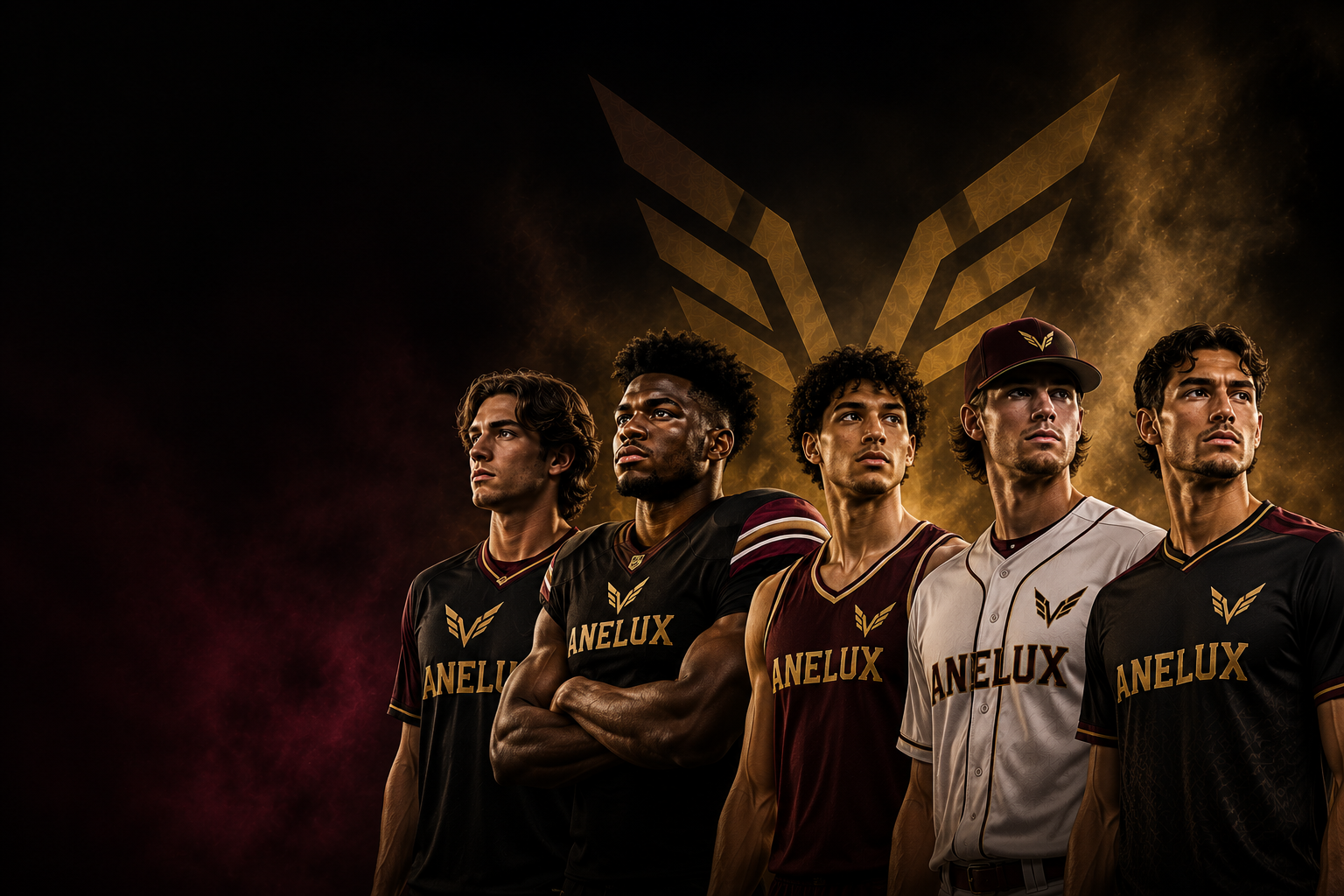 Athletes wearing ANELUX uniforms across lacrosse, football, basketball, baseball, and soccer